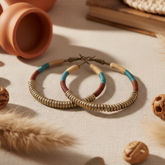 π Handmade Colorblock Golden Beaded Hoops Indian Artisan Boho Chic Trendy Style - Picture 10 of 13